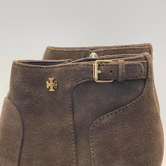 TORY BURCH Leather Milan Wedge Bootie Belted Gold Logo Size 7.5 - Picture 8 of 13